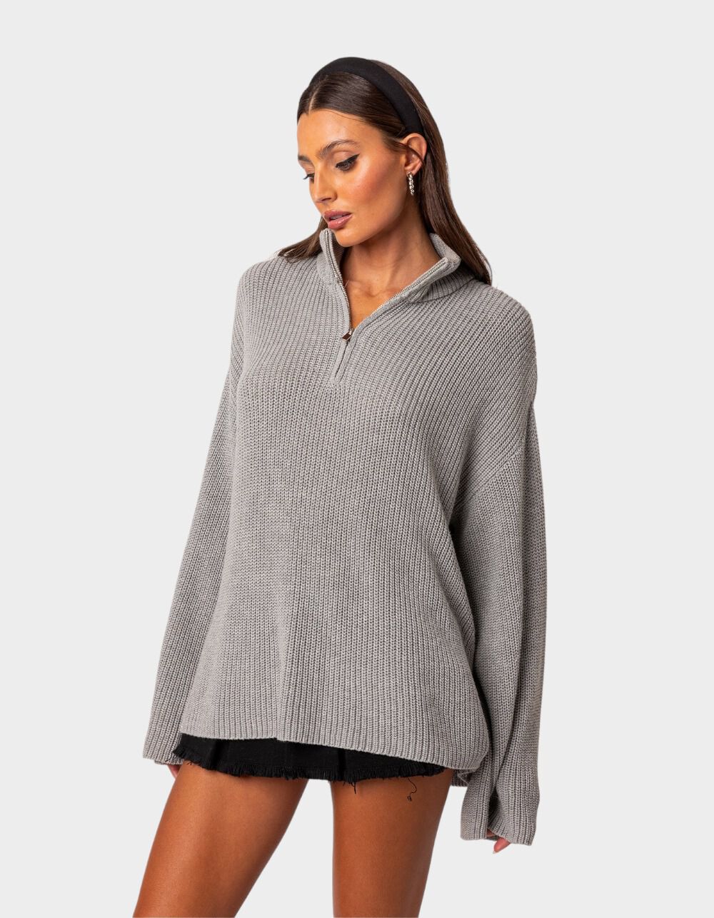 EDIKTED Amour High Neck Oversized Zip Sweater - GRAY | Tillys