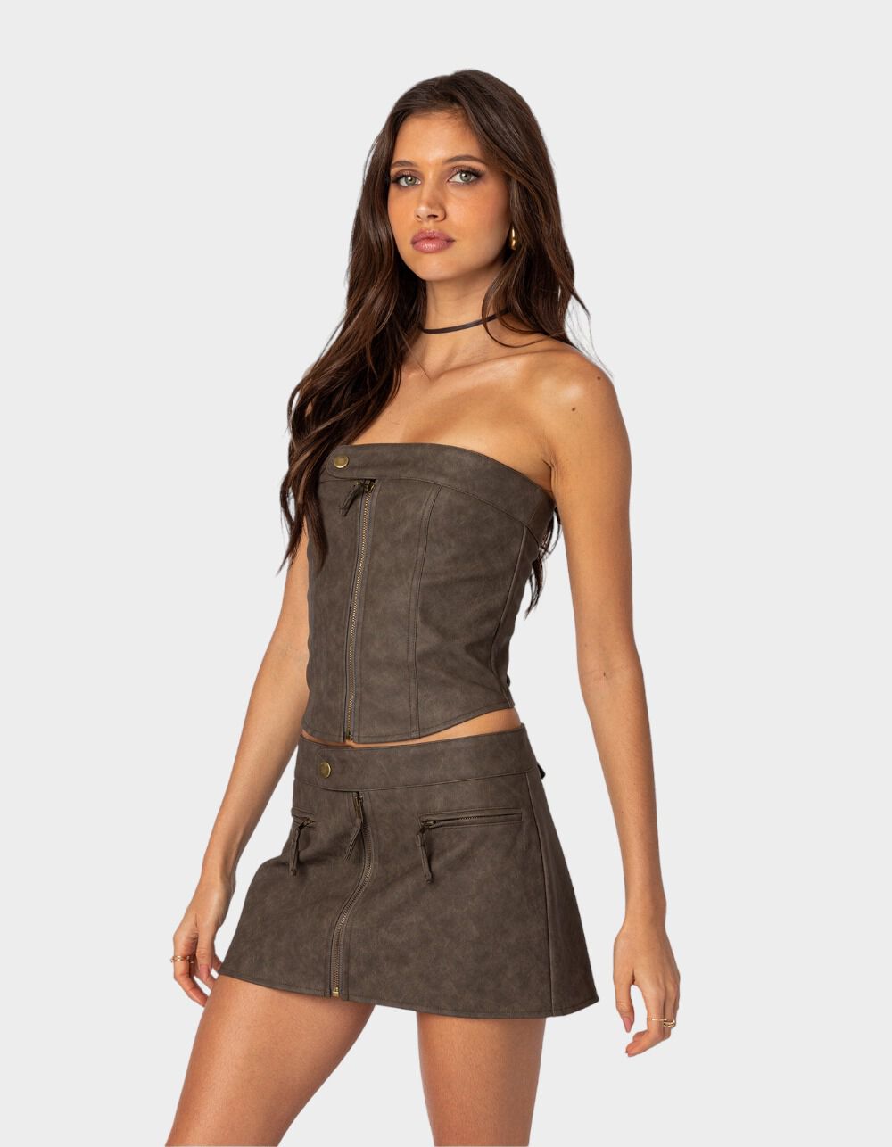 EDIKTED Ziva Faux Leather Lace Up Womens Corset Top - BROWN
