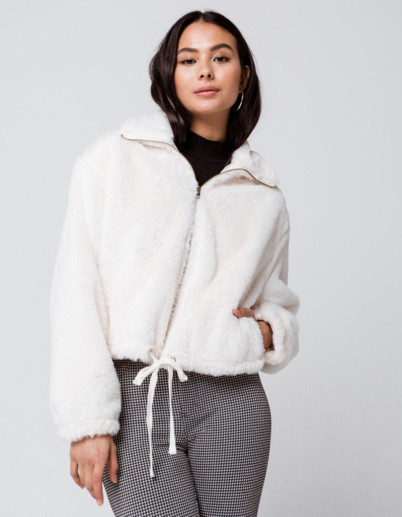 KNOW ONE CARES Fur Zip Womens Off White Jacket image number 0