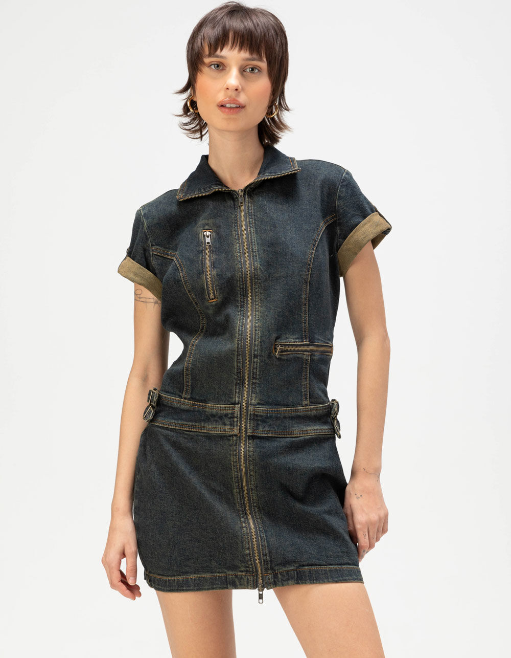 Guess Jeans Originals Utility Denim Zip Dress Blue - M GUESS ORIGINALS Utility Womens Denim Mini Zip Dress - Dark Wash | Tillys