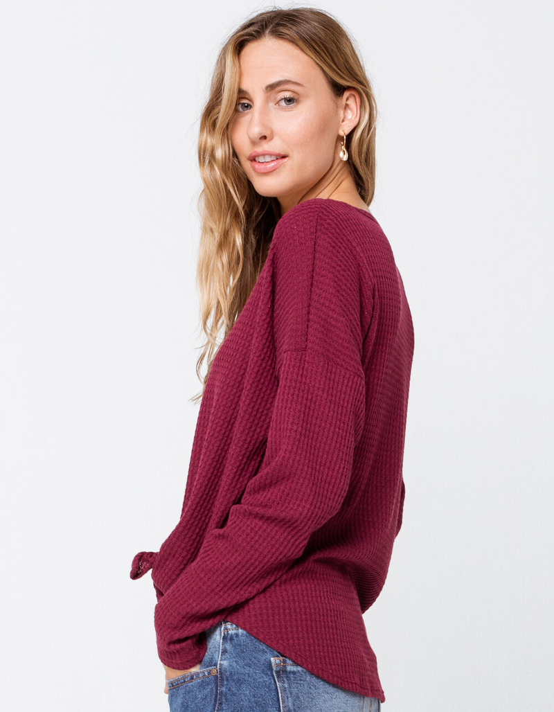 SKY AND SPARROW Button Tie Front Burgundy Womens Thermal Top image number 1