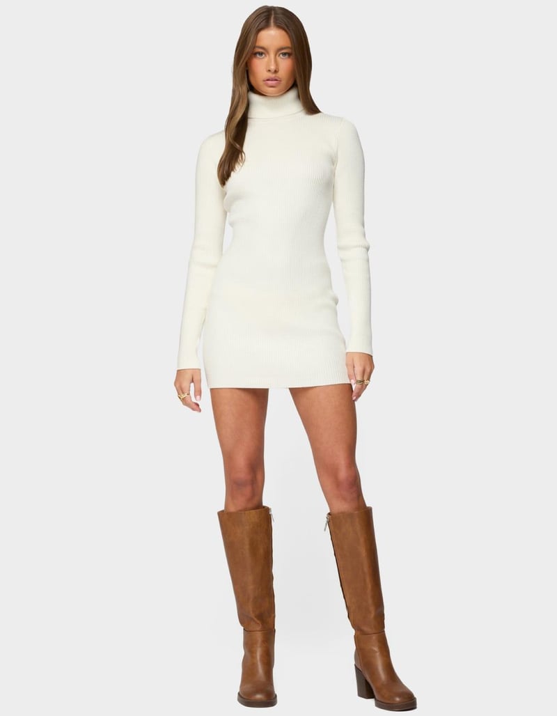 EDIKTED Turtle Neck Ribbed Knit Mini Dress image number 3