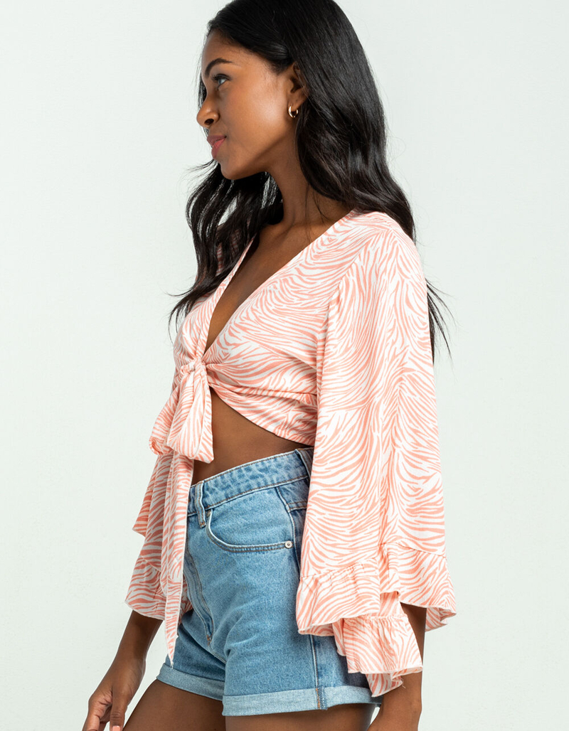 MILEY AND MOLLY Zebra Bell Sleeve Womens Tie Front Top image number 1