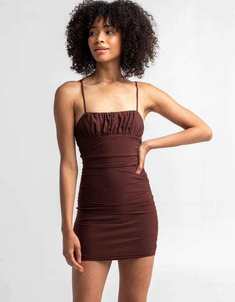 SKY AND SPARROW Brown Mesh Emma Bodycon Dress image number 0