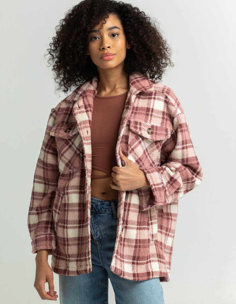 LOVE TREE Plaid Sherpa Womens Shacket image number 0