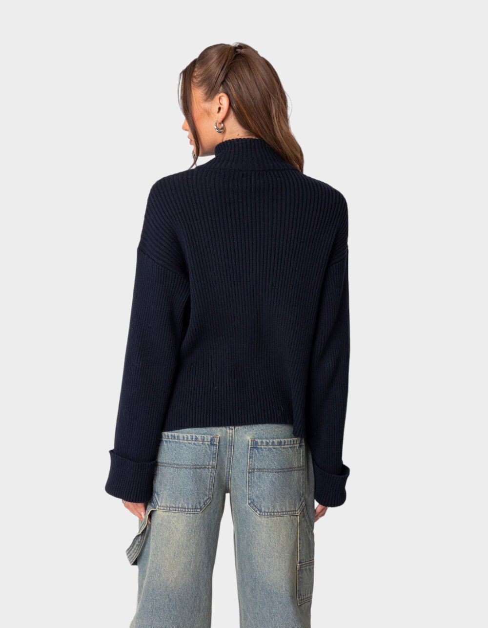 EDIKTED Oversized Zip Up Turtle Neck Cardigan - NAVY | Tillys