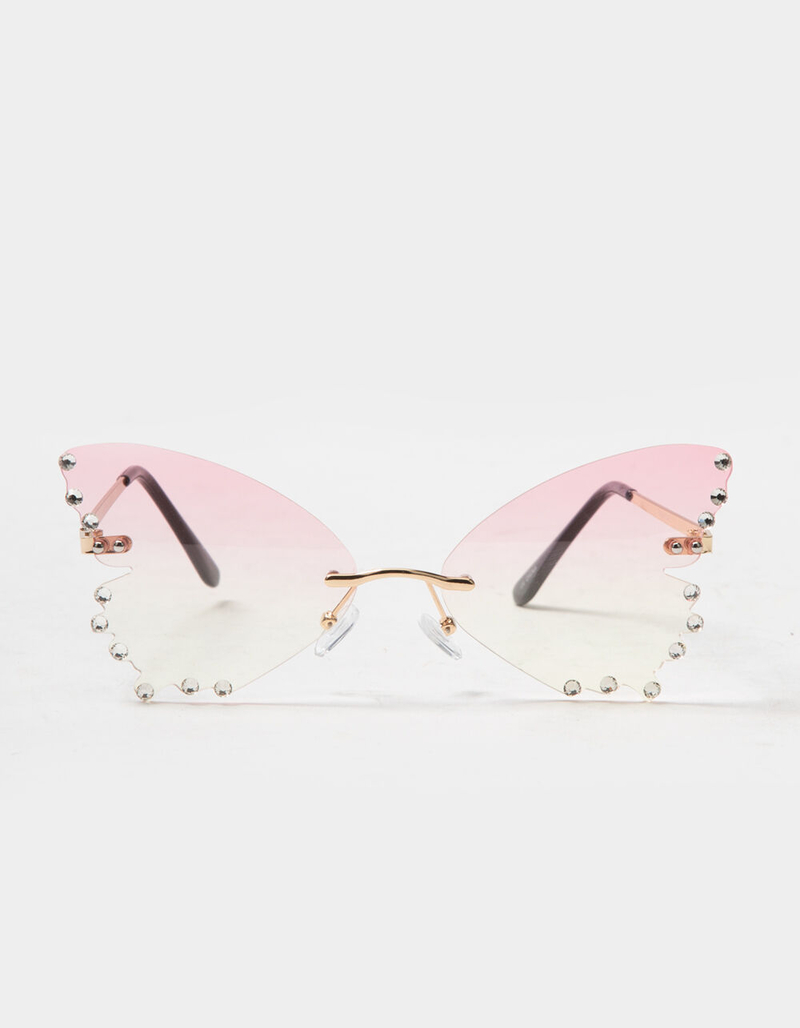 BLUE CROWN Butterfly Rhinestone Rimless Sunglasses image number 1