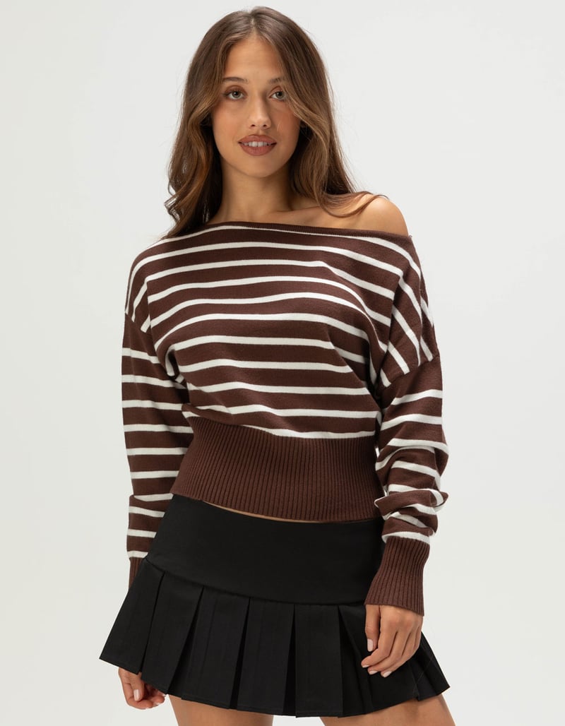 RSQ Womens High Rib Stripe Off The Shoulder Sweater image number 0