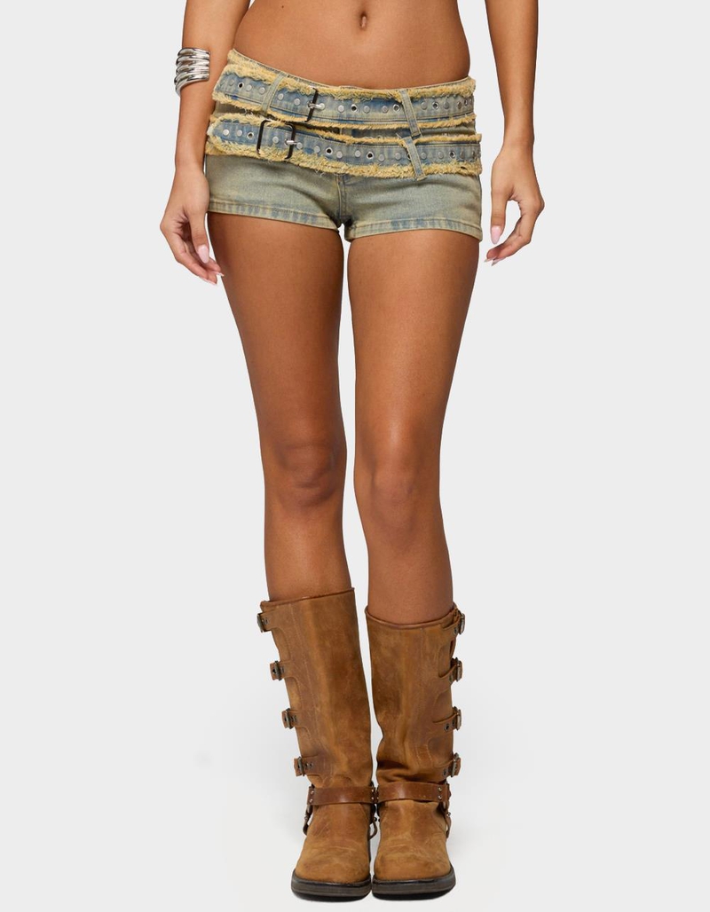 EDIKTED Alyza Distressed Belt Washed Denim Micro Shorts image number 0