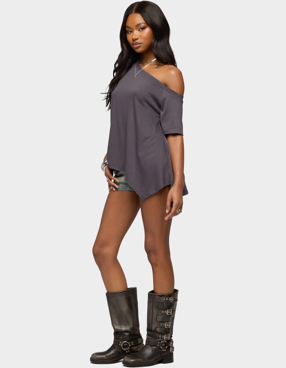 EDIKTED Josy Off Shoulder Handkerchief Top - DARK GRAY | Tillys