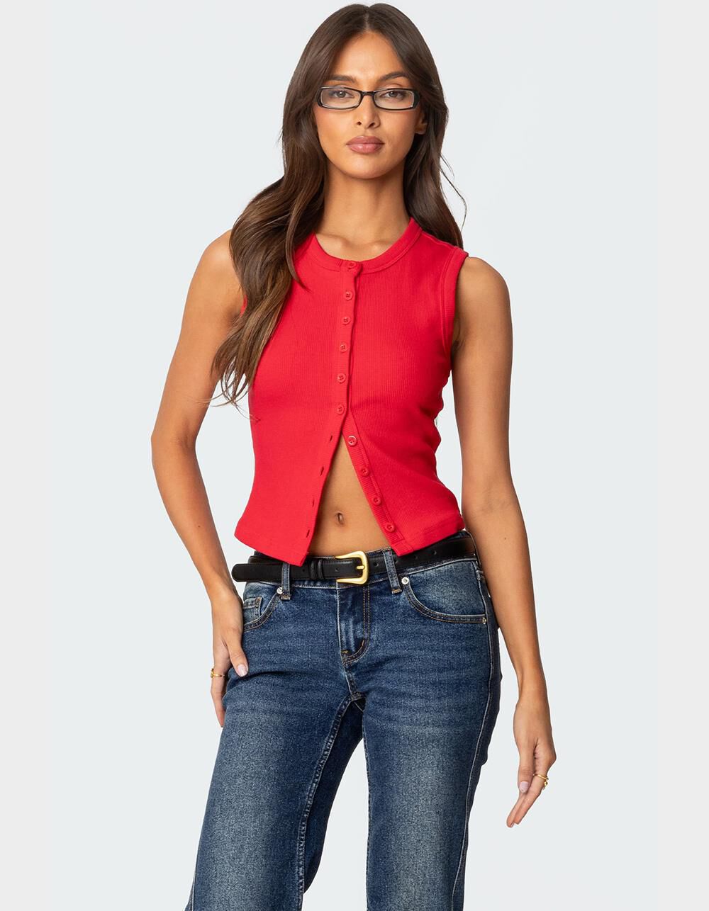 EDIKTED Basel Button Up Tank Top - RED | Tillys