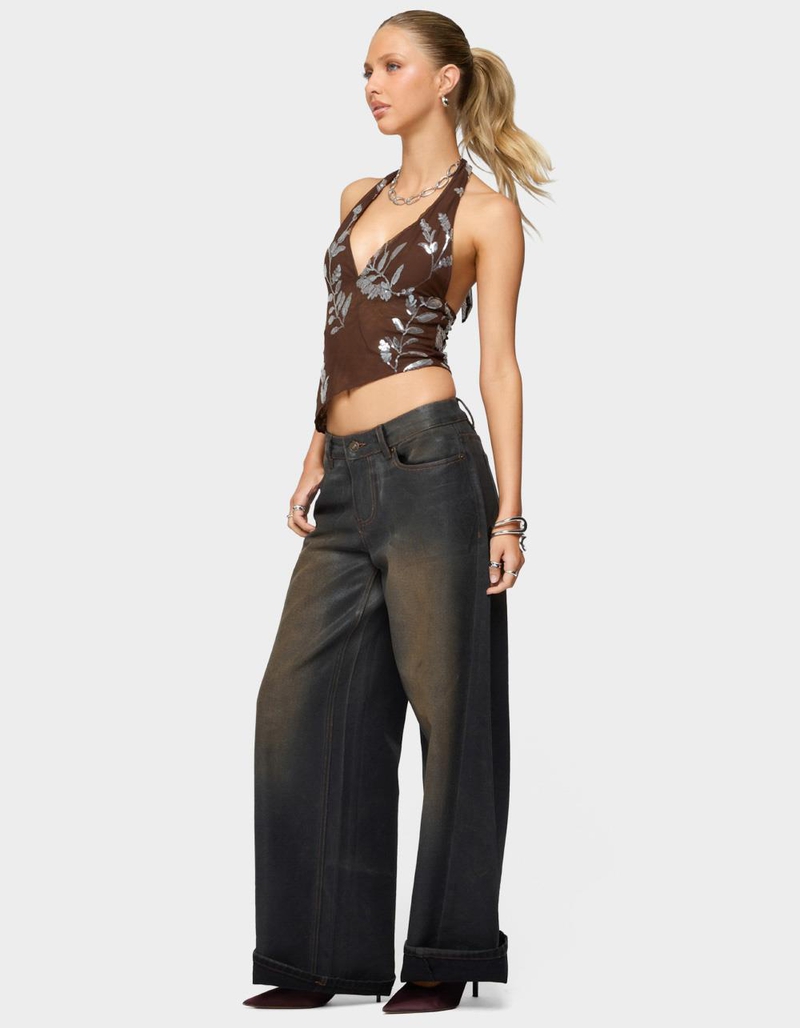 EDIKTED Sequin Asymmetric Mesh Halter Top image number 3