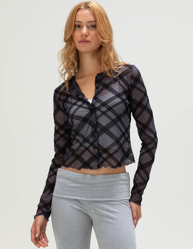 RSQ Womens Plaid Mesh Button Front Long Sleeve Top image number 0