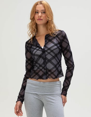 RSQ Womens Plaid Mesh Button Front Long Sleeve Top Primary Image