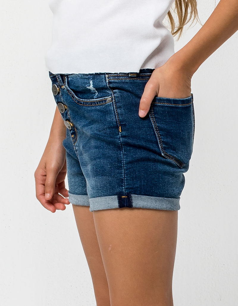 RSQ Sunset High Rise Exposed Button Dark Wash Girls Denim Shorts image number 2