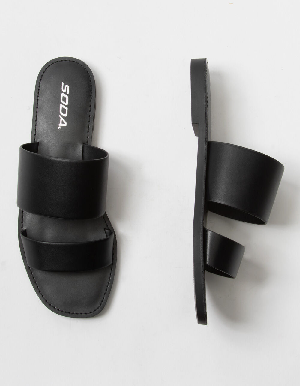 black two strap slide sandals