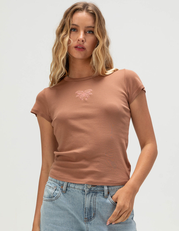 FULL TILT Embroidered Butterfly Womens Baby Tee Primary Image
