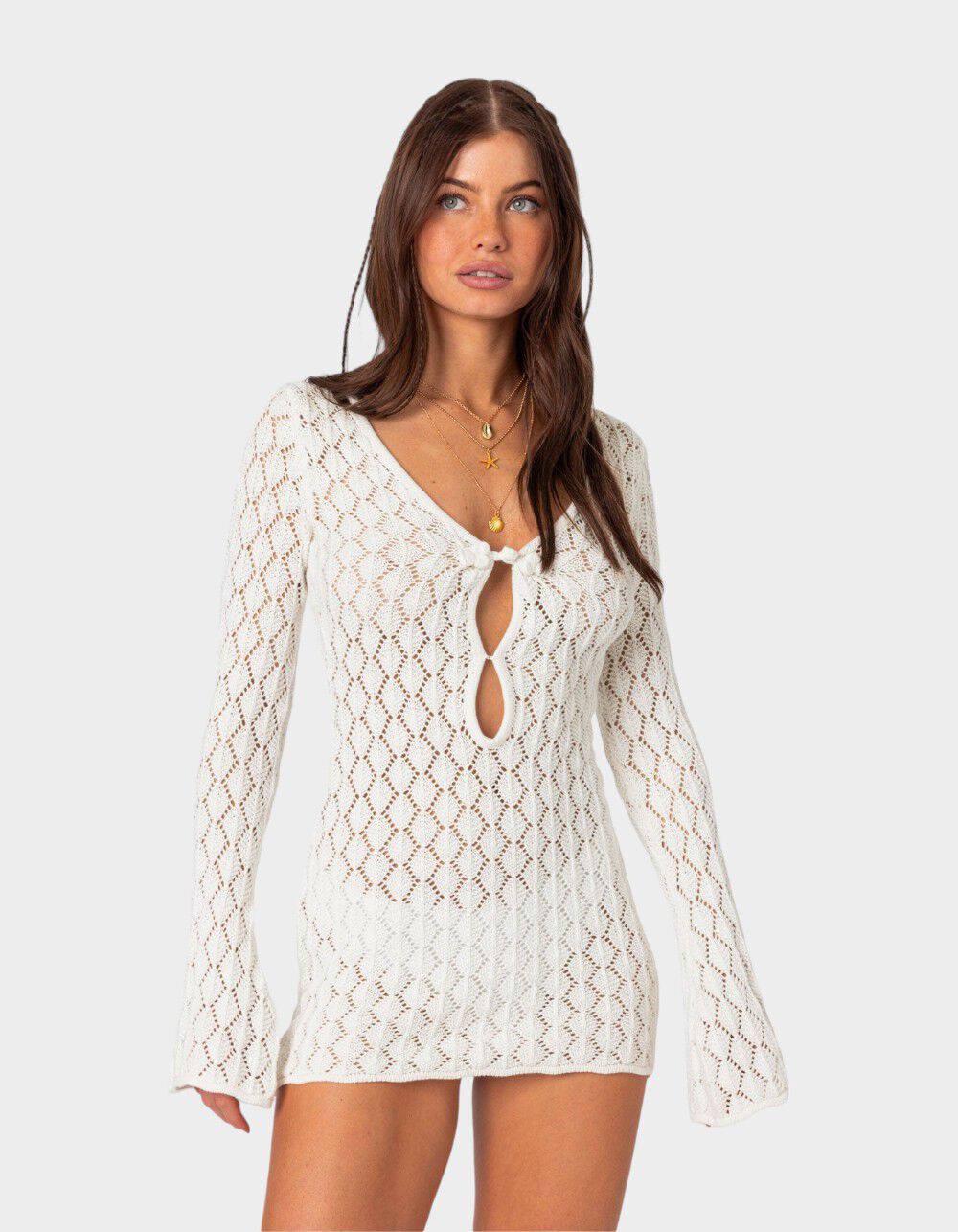 ワンピース SCULPTOR Silhouette Crochet Mini Dress Afterglow One Shoulder Crochet Mini Dress - Ivory