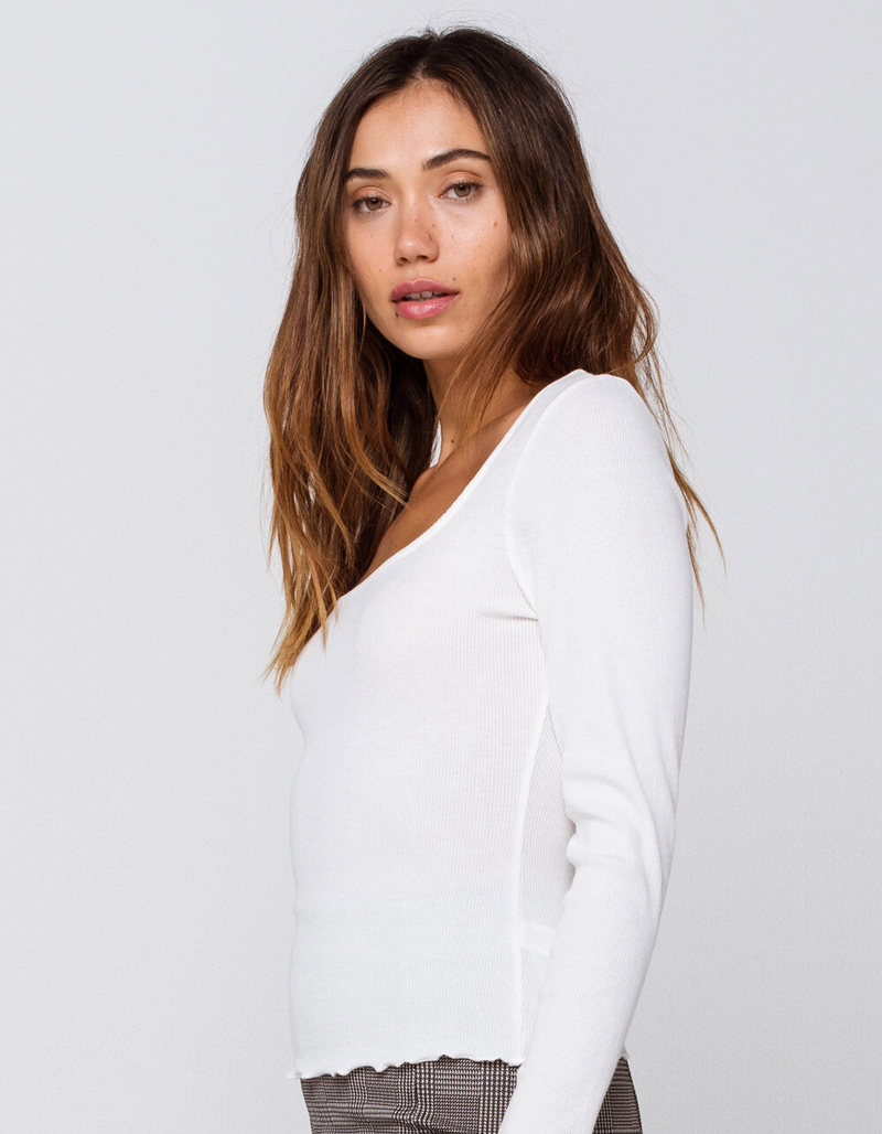 HEART & HIPS Lettuce Trim Square Neck White Womens Tee image number 1