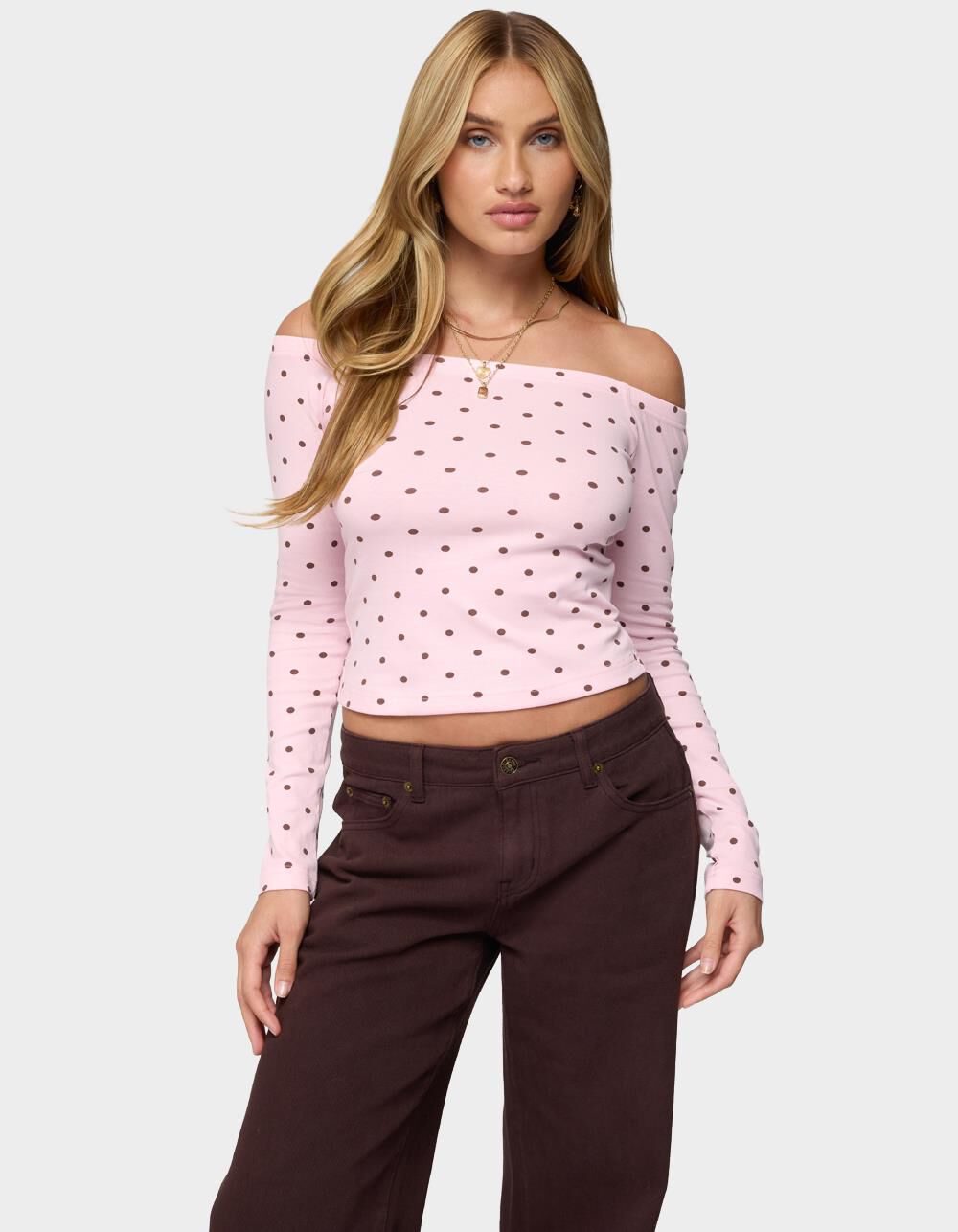 EDIKTED Leandra Off Shoulder Polka Dot Top - LIGHT PINK - M | Tillys