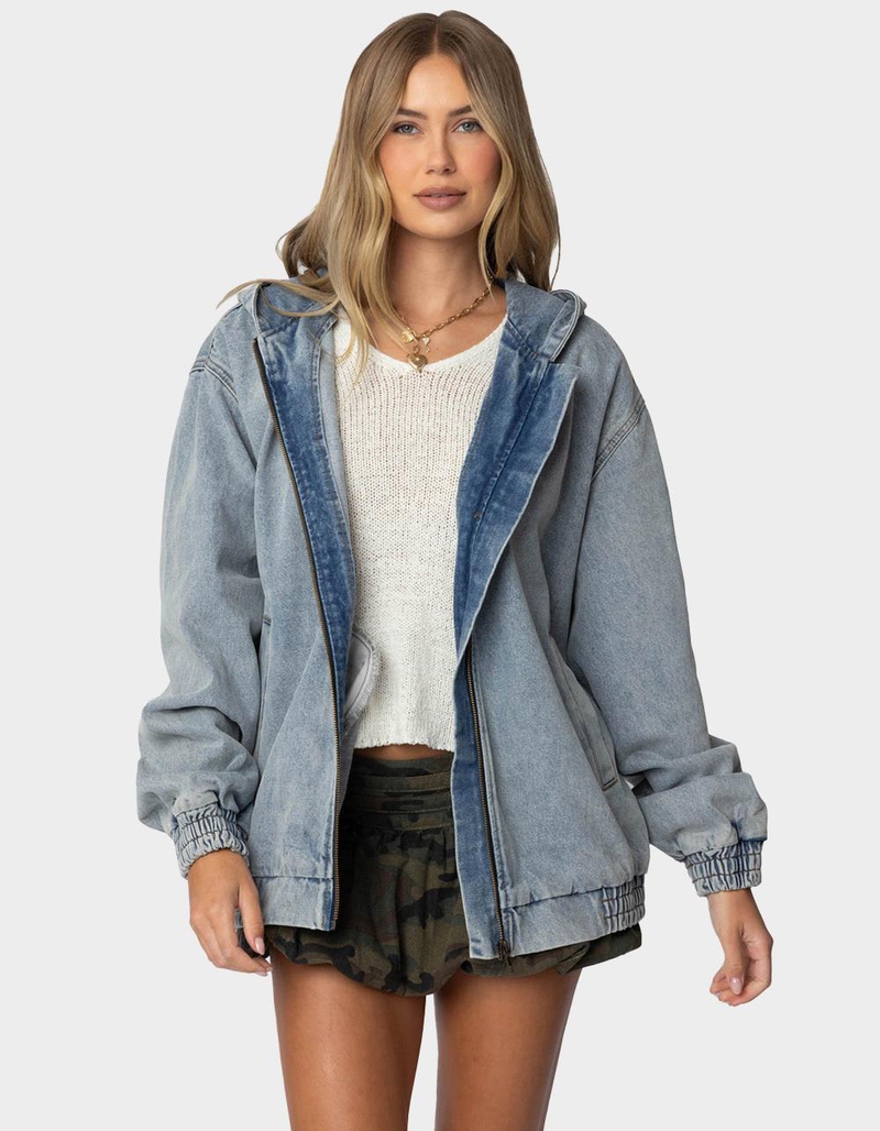 EDIKTED Hooded Vintage Washed Denim Bomber Jacket image number 0