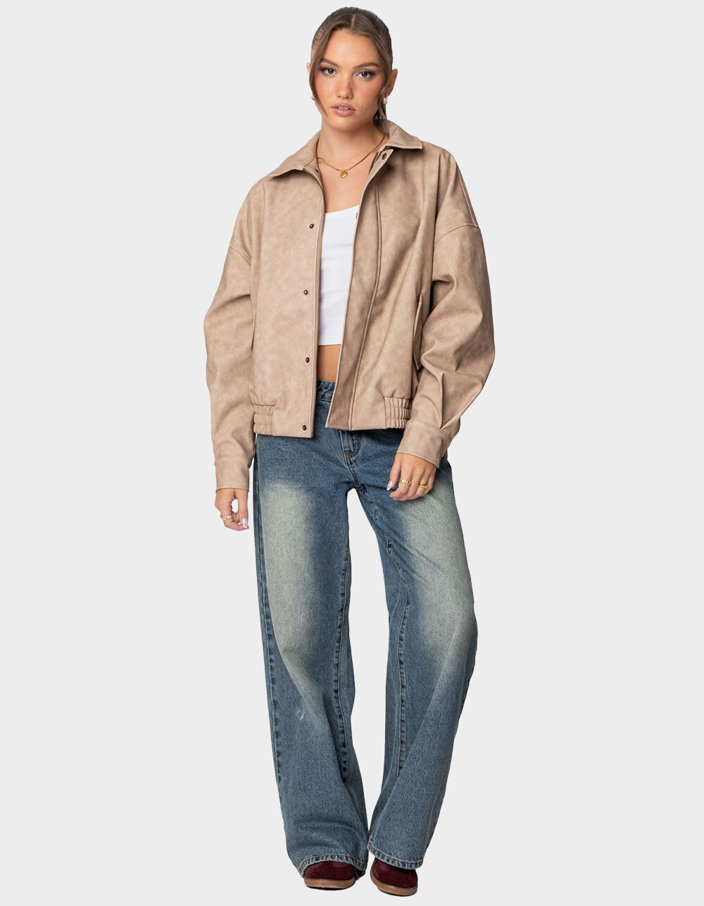 EDIKTED Mori Oversized Faux Leather Jacket - BEIGE | Tillys