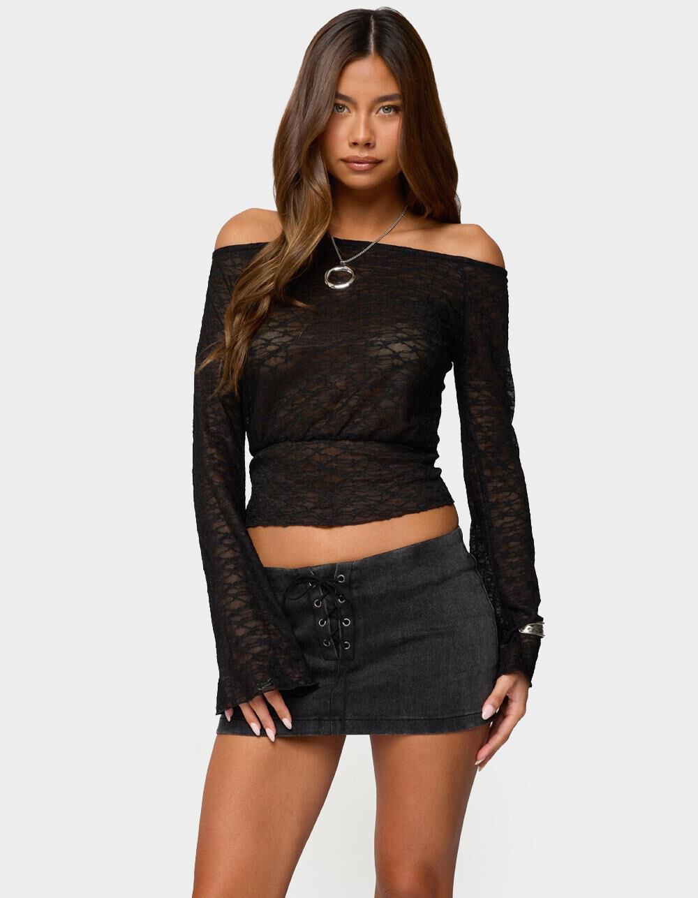 EDIKTED Alef Sheer Lace Off Shoulder Top - BLACK - XS | Tillys