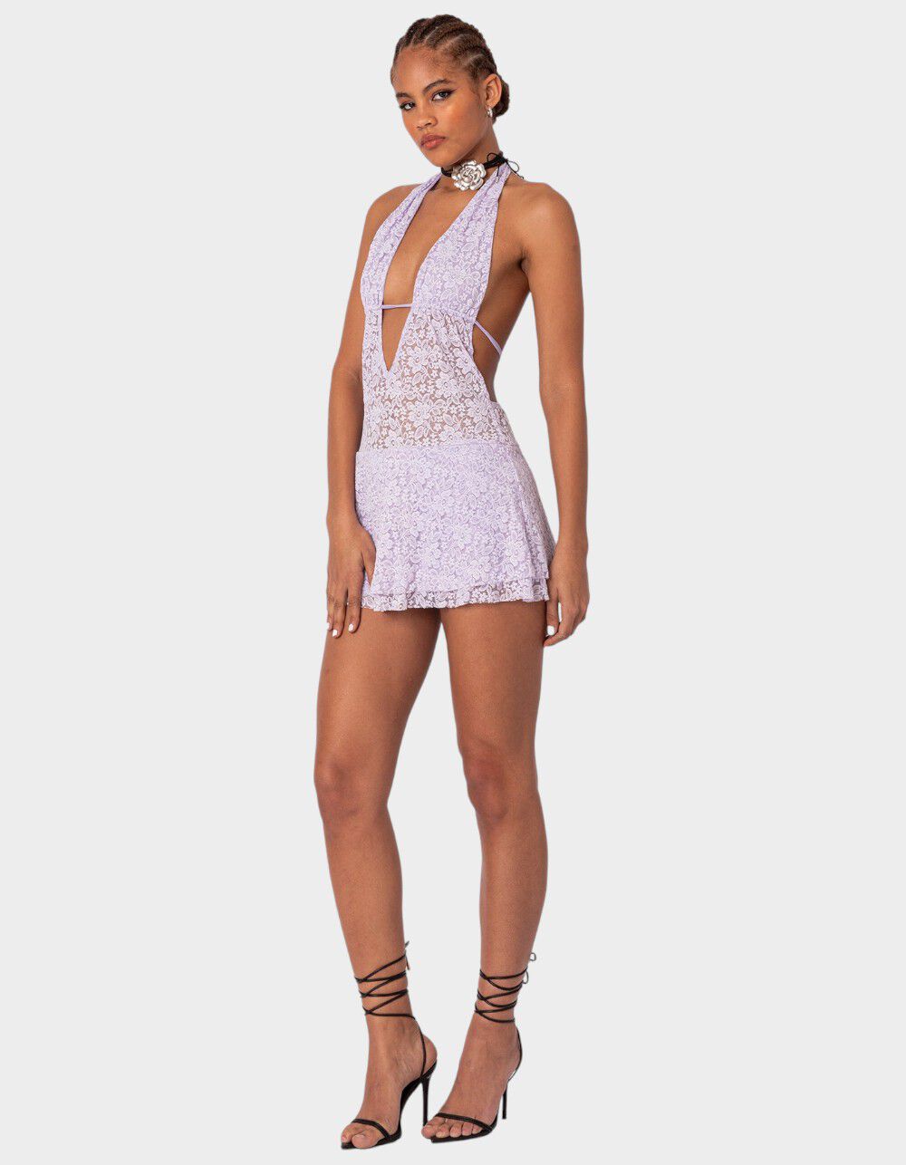 EDIKTED Danny Open Back Sheer Lace Mini Dress - PURPLE | Tillys