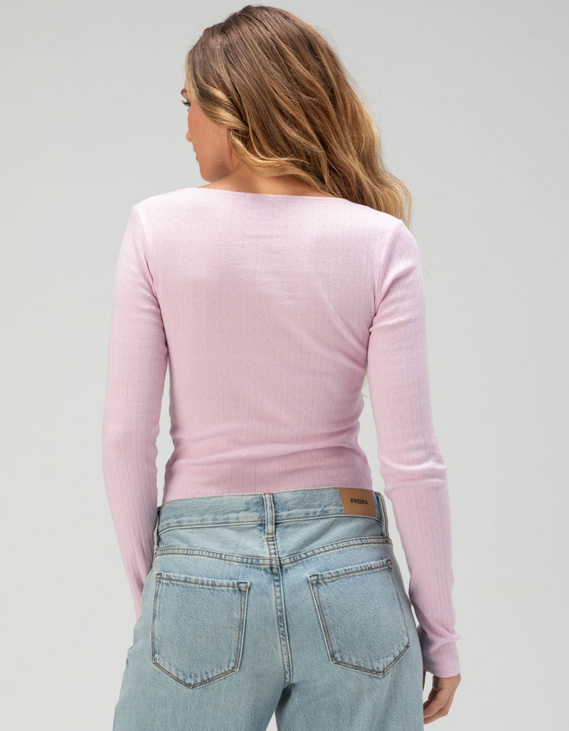 RSQ Womens Long Sleeve Pointelle Bow Cinch Top image number 3