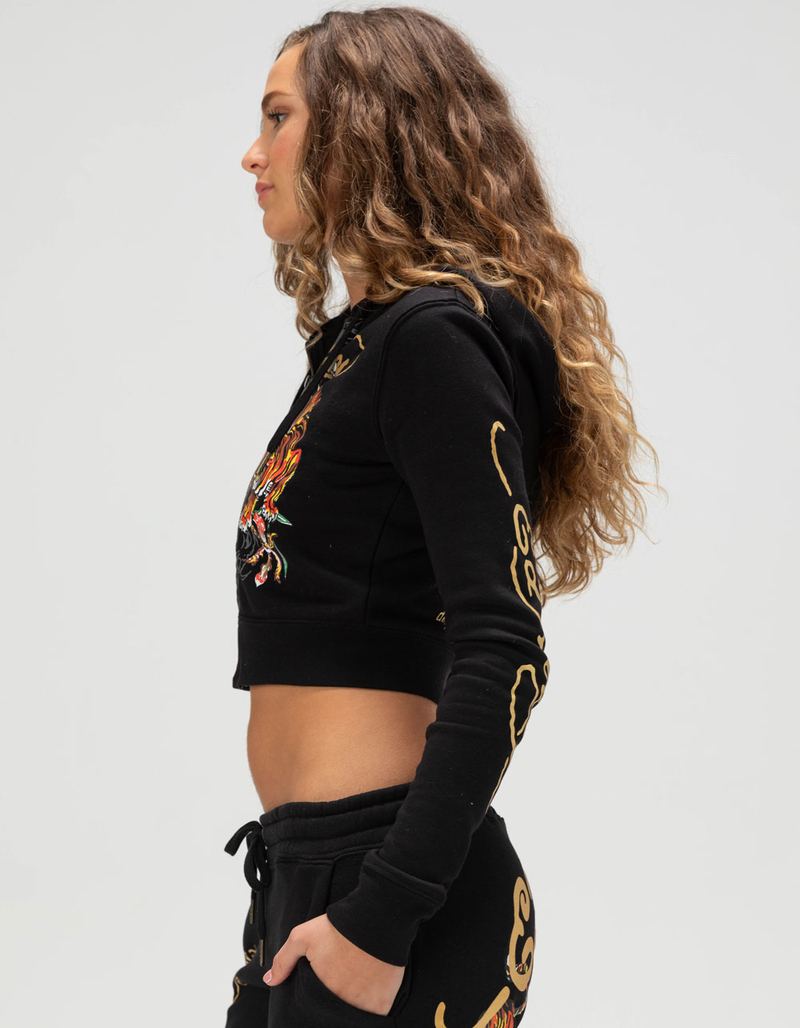ED HARDY Tigers Womens Crop Zip-Up Hoodie - BLACK