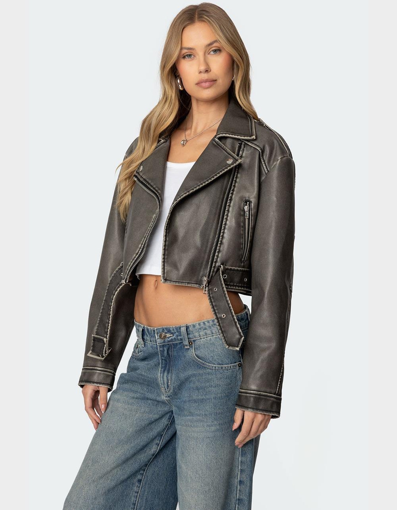 EDIKTED Washed Faux Leather Jacket image number 2