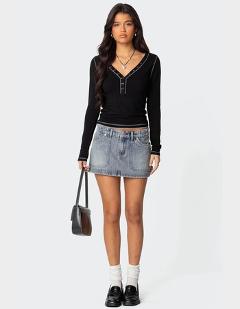 EDIKTED Yael Contrast Stitch Henley Top Alternative Image