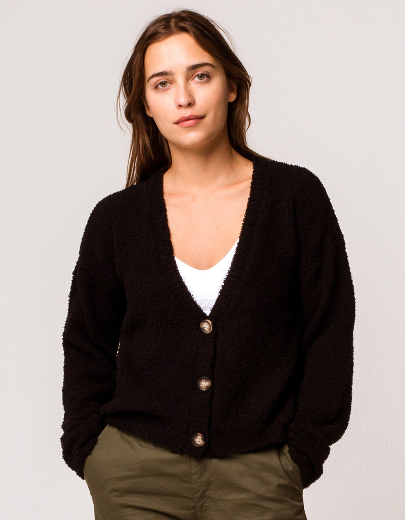 FULL TILT Essentials Fuzzy Black Womens Cardigan image number 0