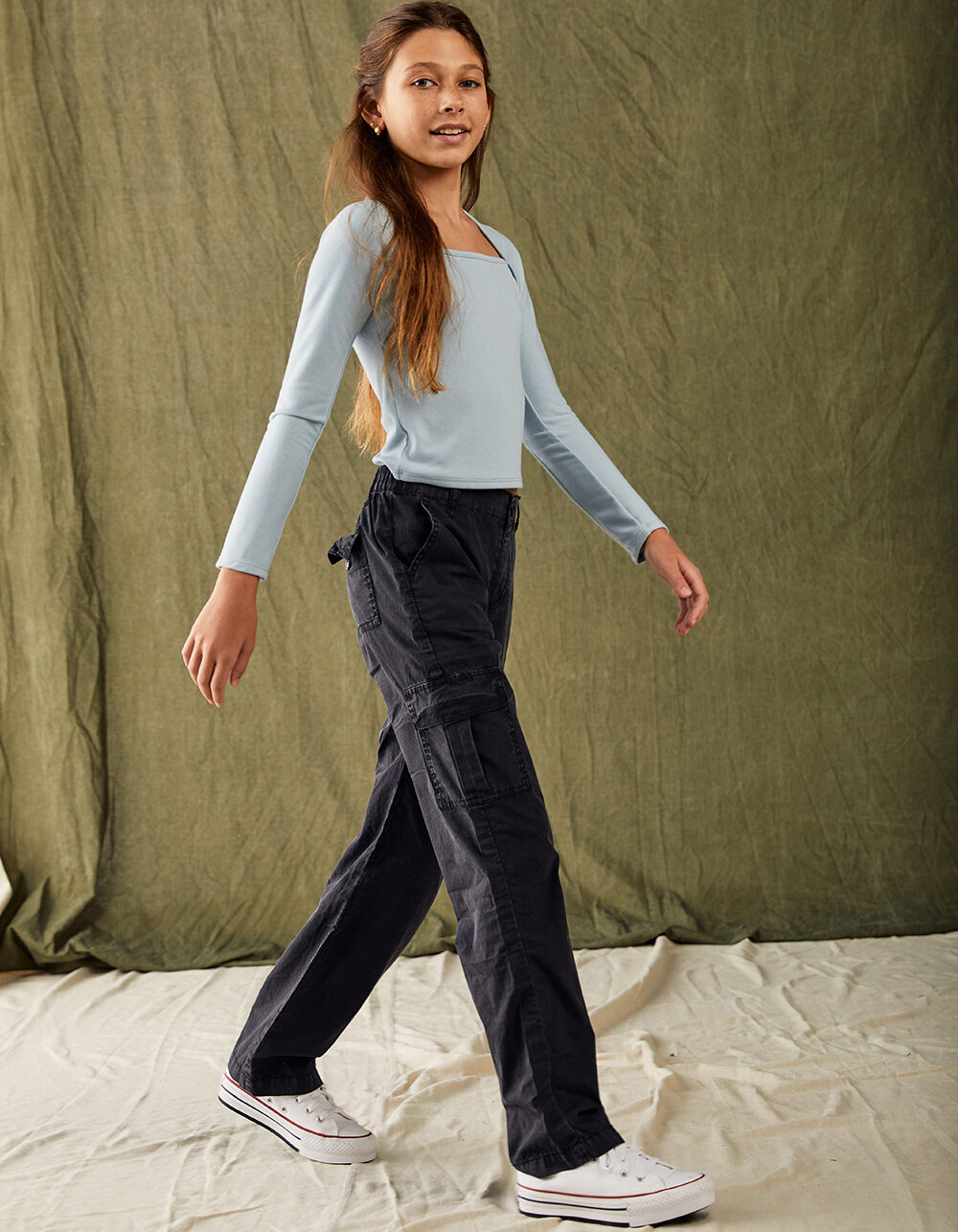 FULL TILT Elastic Waist Girls Cargo Pants - WASHED BLACK | Tillys