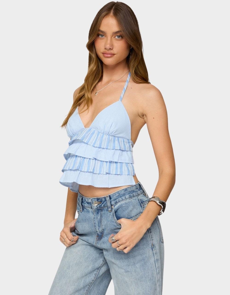 EDIKTED Tiered Ruffle Backless Striped Halter Top image number 4