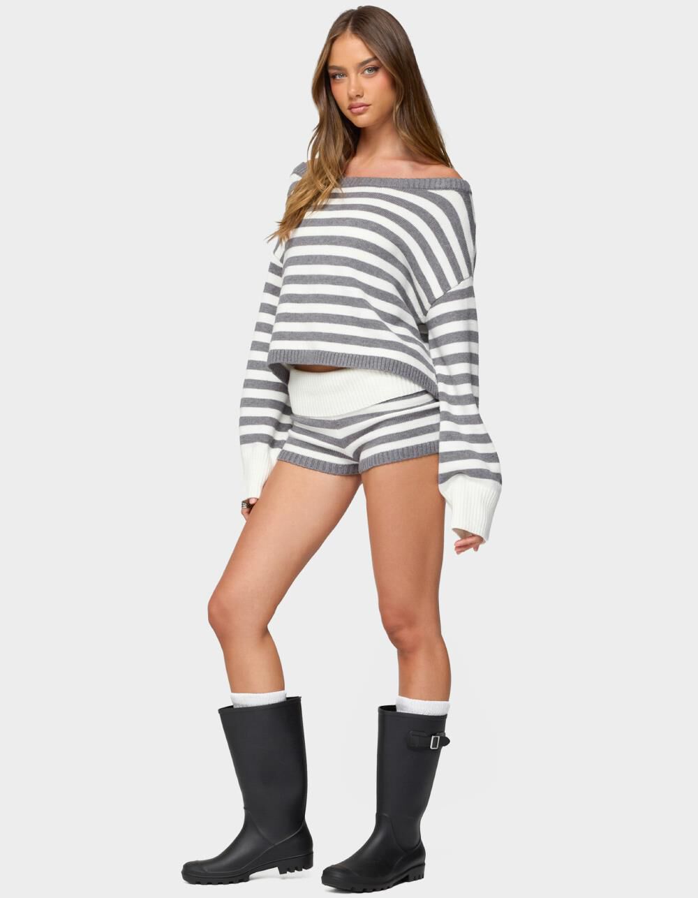 EDIKTED Saphi Striped Foldover Knit Shorts - GRAY | Tillys