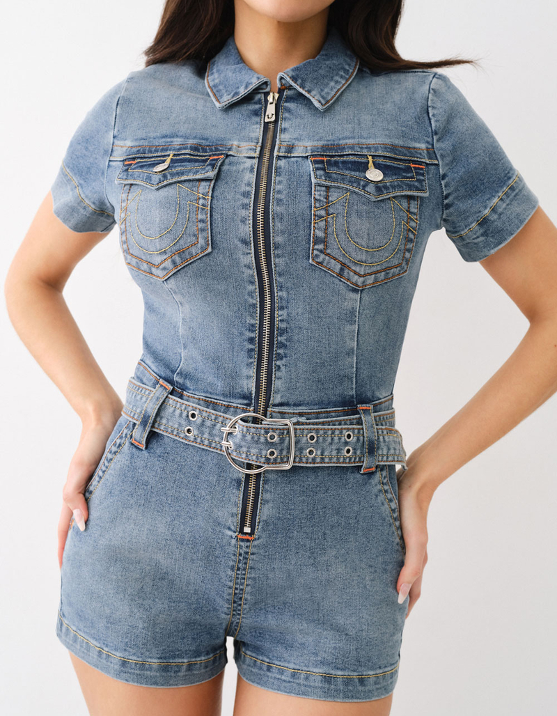 TRUE RELIGION Womens Belted Denim Zip Romper image number 4