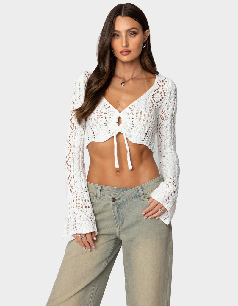 EDIKTED Tie Front Crochet Crop Top image number 0