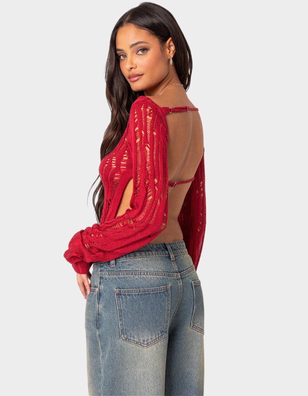 EDIKTED Rosa Open Back Sheer Knit Top - RED | Tillys