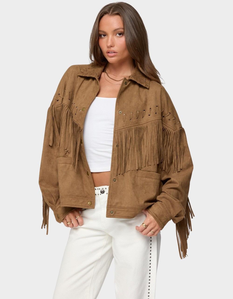 EDIKTED Evonka Fringe Faux Suede Jacket image number 1