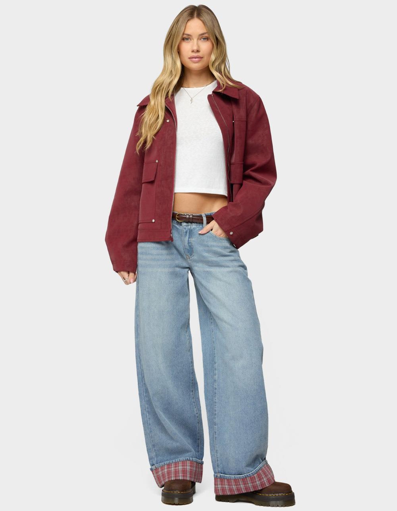 EDIKTED Plaid Cuffed Low Rise Baggy Jeans image number 4