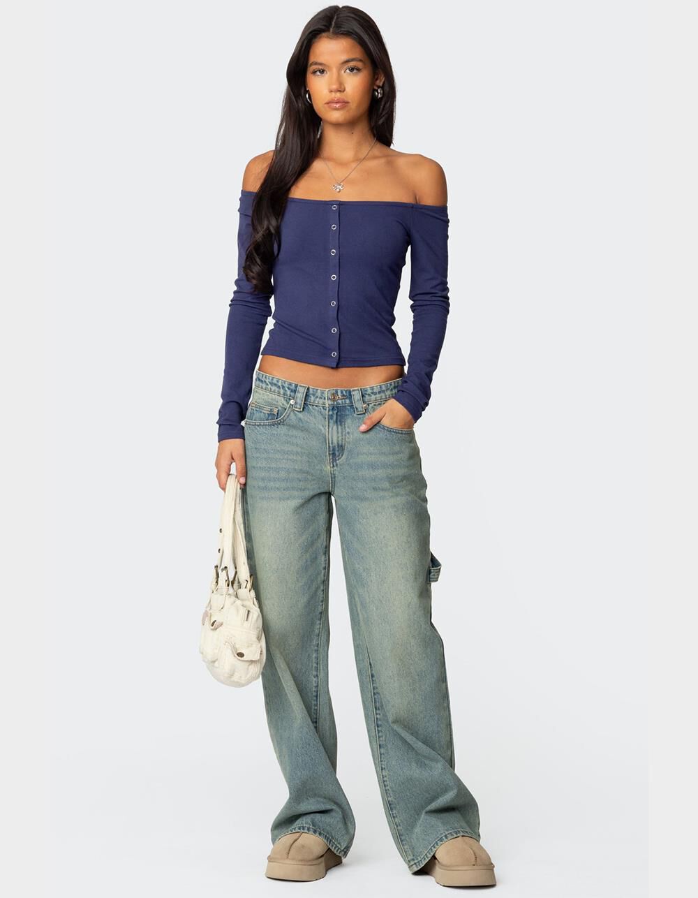 EDIKTED Off Shoulder Button Up Top - NAVY | Tillys