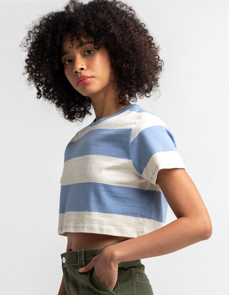FULL TILT Womens Blue & Cream Stripe Crop Tee image number 1