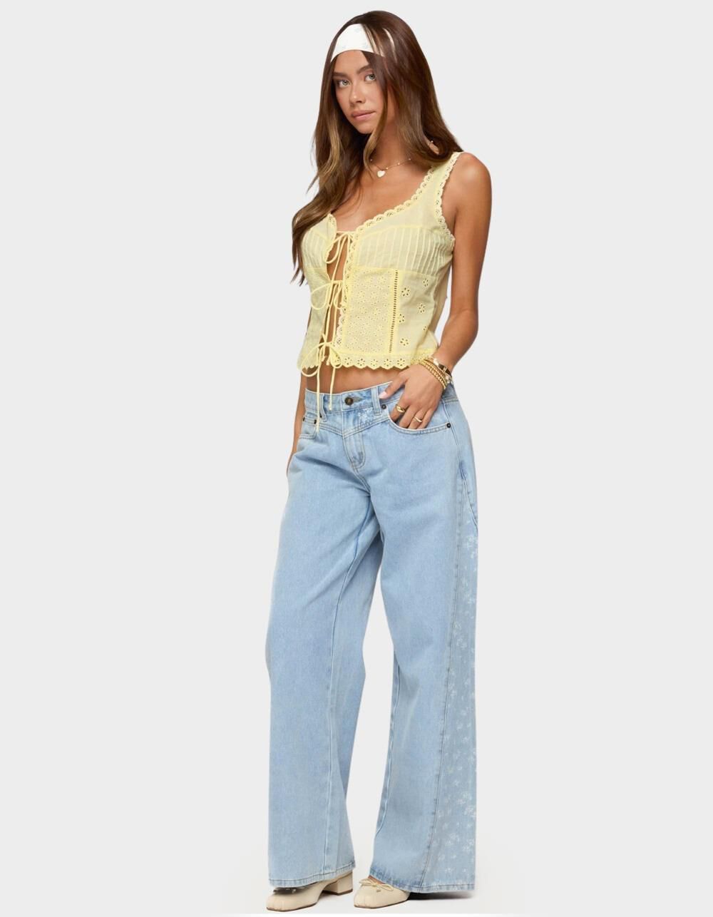 EDIKTED Fiore Eyelet Tie Front Top - YELLOW - XS | Tillys