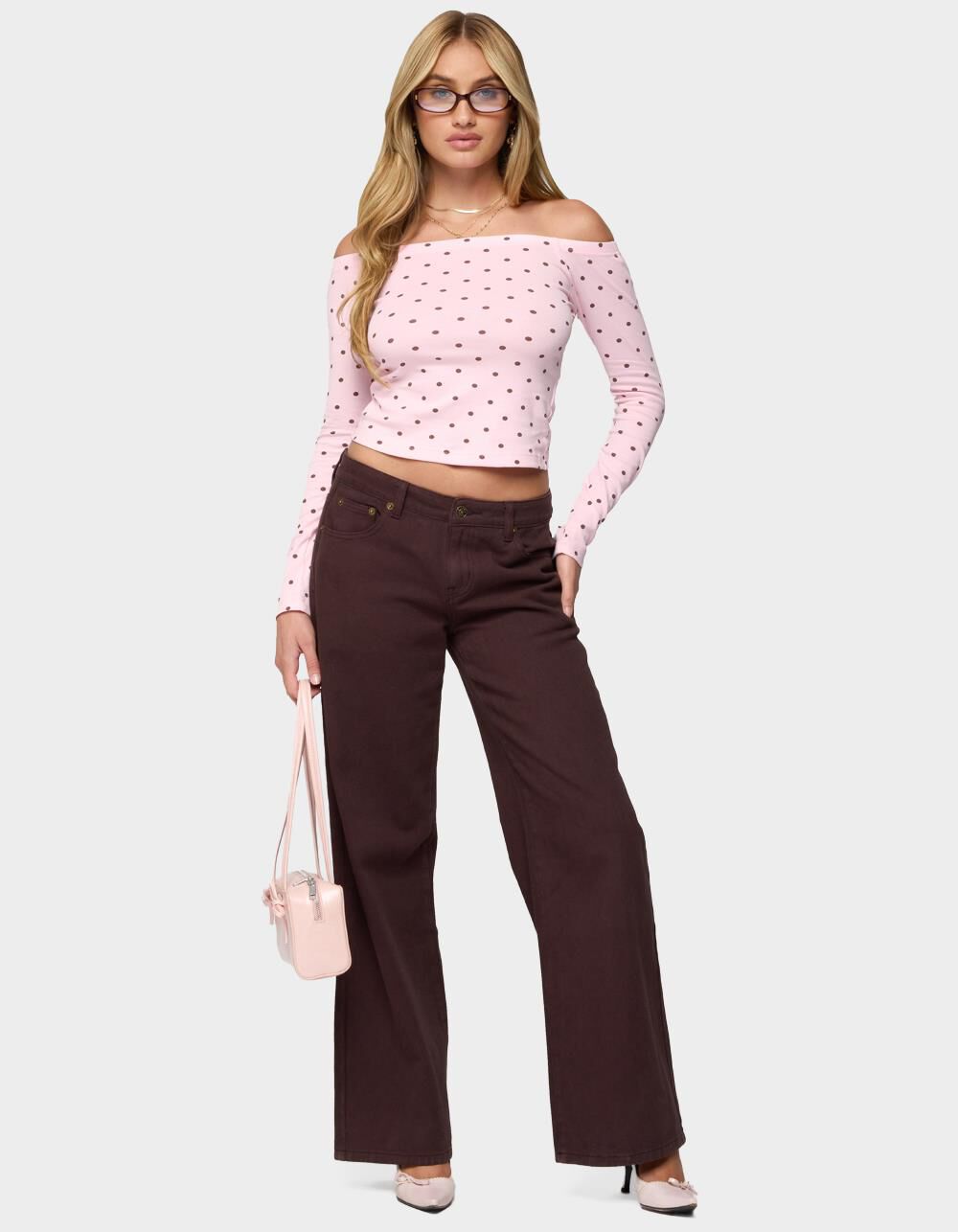 EDIKTED Leandra Off Shoulder Polka Dot Top - LIGHT PINK - M | Tillys