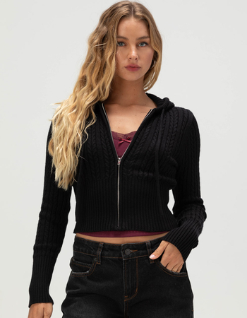 RSQ Womens Cable Knit Zip-Up Hooded Sweater Primary Image