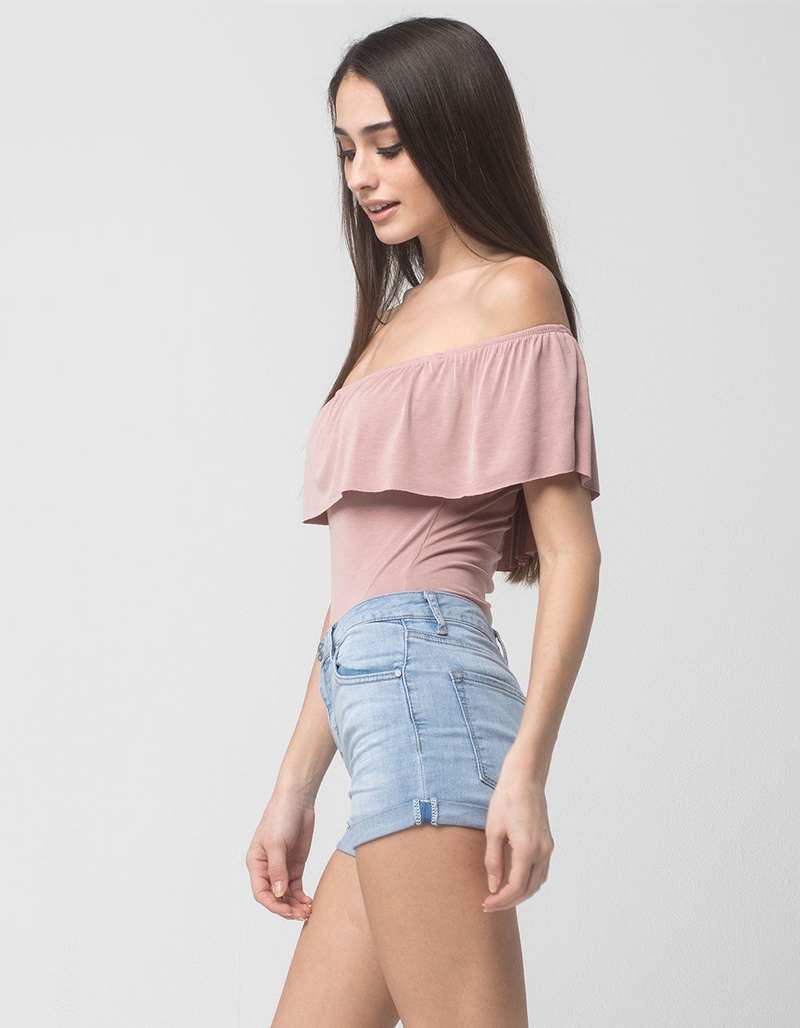 FULL TILT Off The Shoulder Flounce Womens Bodysuit image number 1