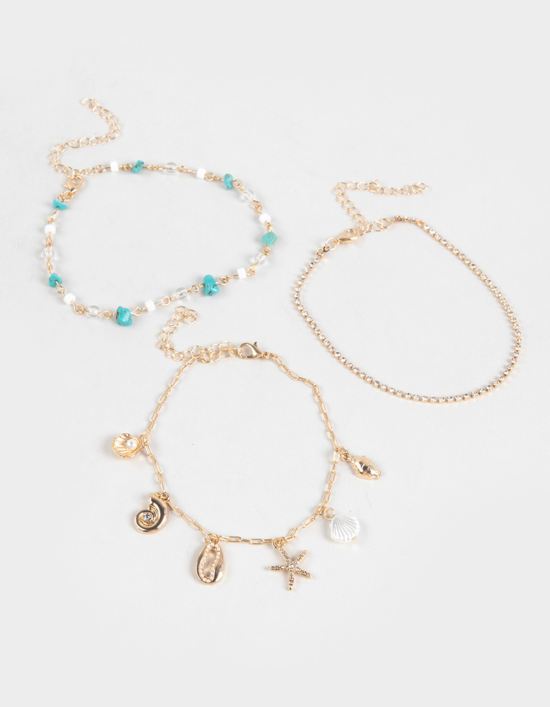 FULL TILT 3 Pack Rhinestone/Beaded/Shell Charm Anklets image number 1
