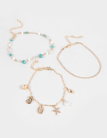 FULL TILT 3 Pack Rhinestone/Beaded/Shell Charm Anklets Alternative Image