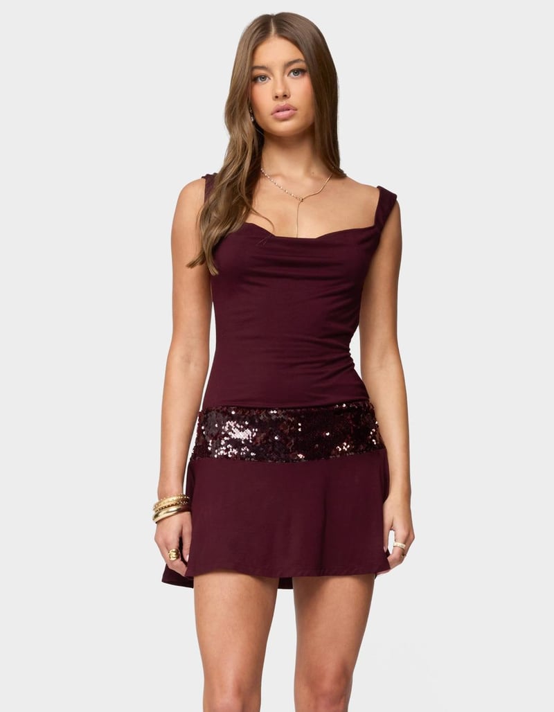 EDIKTED Sequin Backless Cowl Neck Mini Dress image number 0